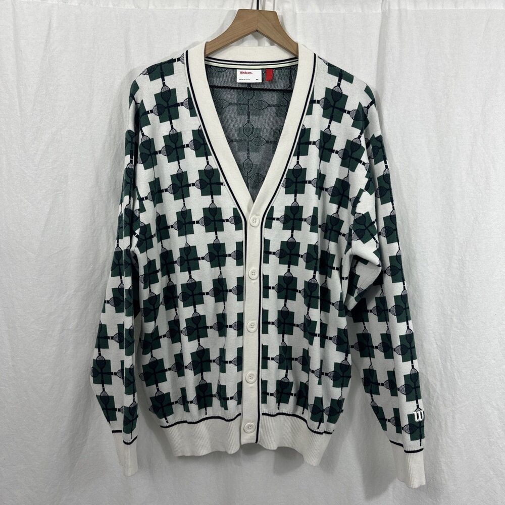 Wilson Throwback Cardigan Tennis Print Racket Green Oversized Sweater Womens M